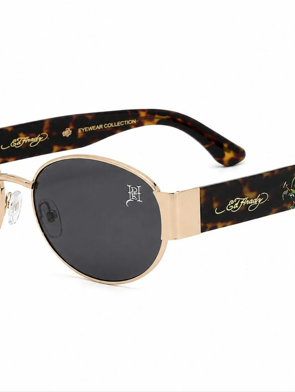 🥳 ED HARDY Dragon Sunglasses Y2K Oval Tortoise Shades Black Gold Streetwear NWT